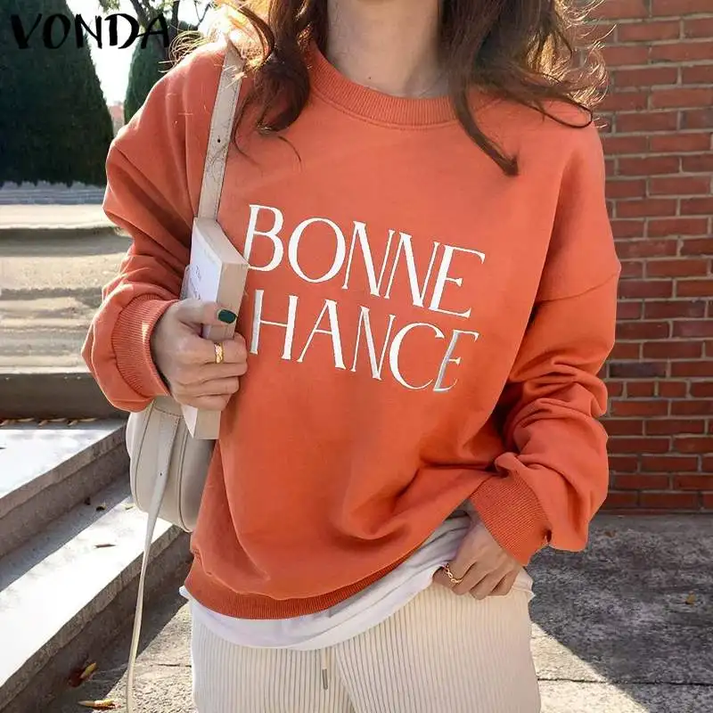 

VONDA Female Clothing Lady Autumn Baggy Pullover Casual Letter Printed Sport Sweatshirts Oversize Women Long Sleeve ONeck Blouse