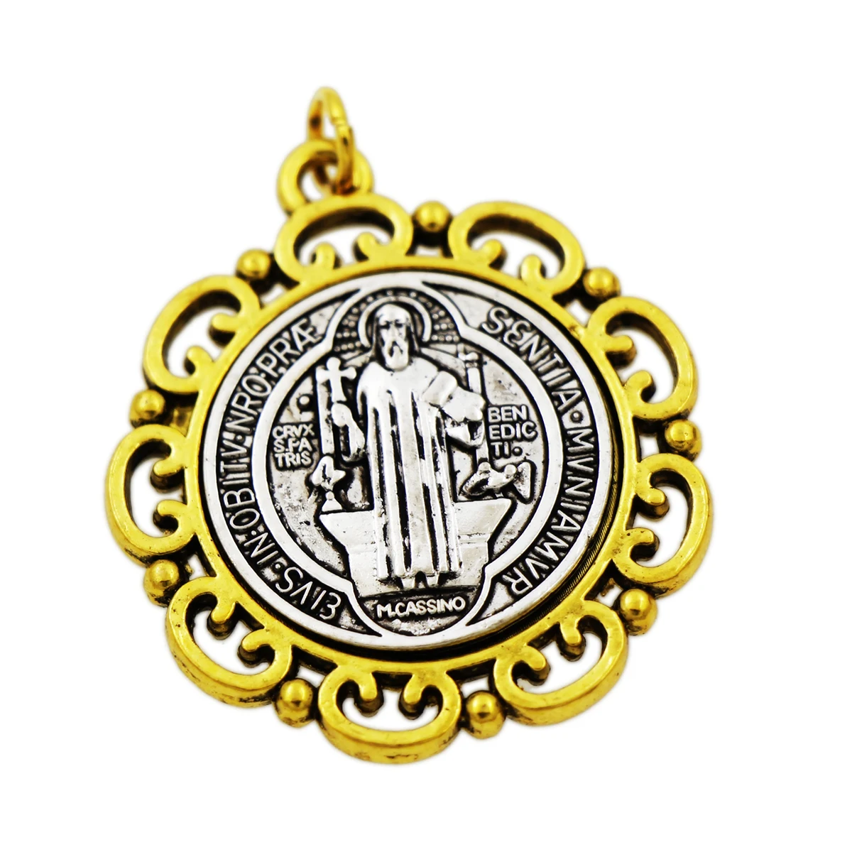 

4PCS Flower Saint St Benedict Medal Cross Spacer Charm Beads 2-Tone Pendants 37x33mm T1705 Tibetan Silver