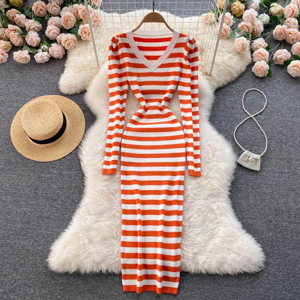

Croysier Striped Sweater Dress Women Winter Clothing 2021 V Neck Long Sleeve Chic Elegant Vintage Midi Knitted Bodycon Dress
