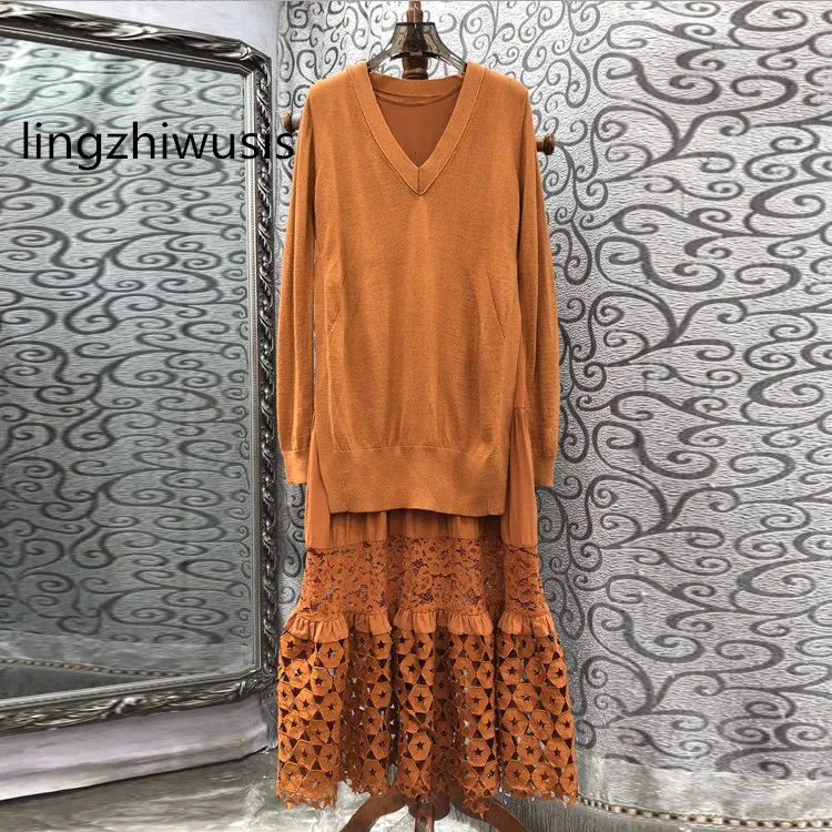 

Женское шерстяное платье-свитер, длинное ажурное платье с вышивкой на Подоле и V-образным вырезом + трикотажная рубашка, Новое поступление, осень 2023