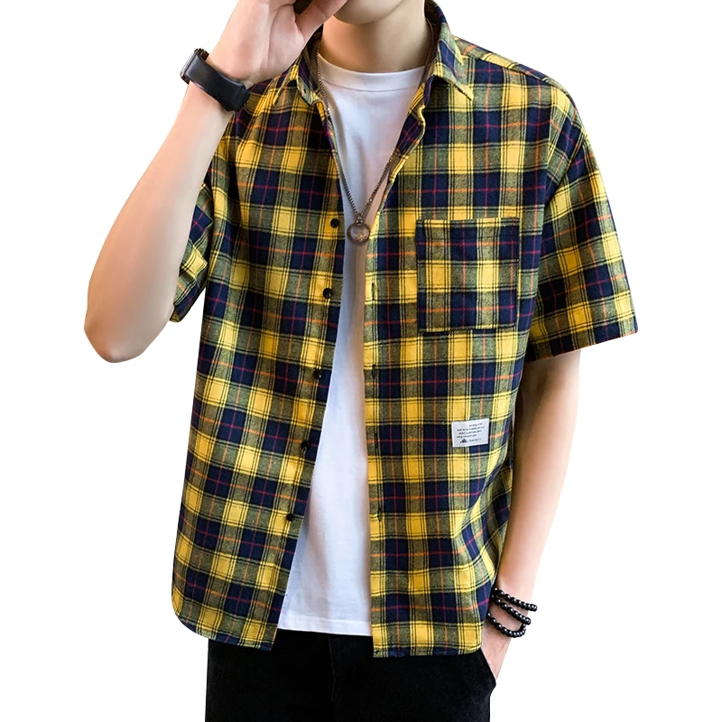 

Мужская Повседневная рубашка в клетку/в полоску, классическая рабочая рубашка с короткими рукавами, накладным нагрудным карманом и воротником на пуговицах