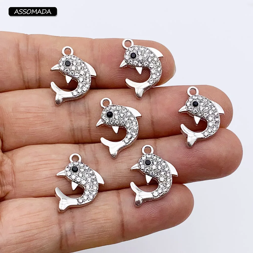 

ASSOMADA 10pcs Dolphin Beads For Necklaces Gift Fish Shape Dolphin Rhinestone Charms Bracelet DIY Jewelry Making Accessories