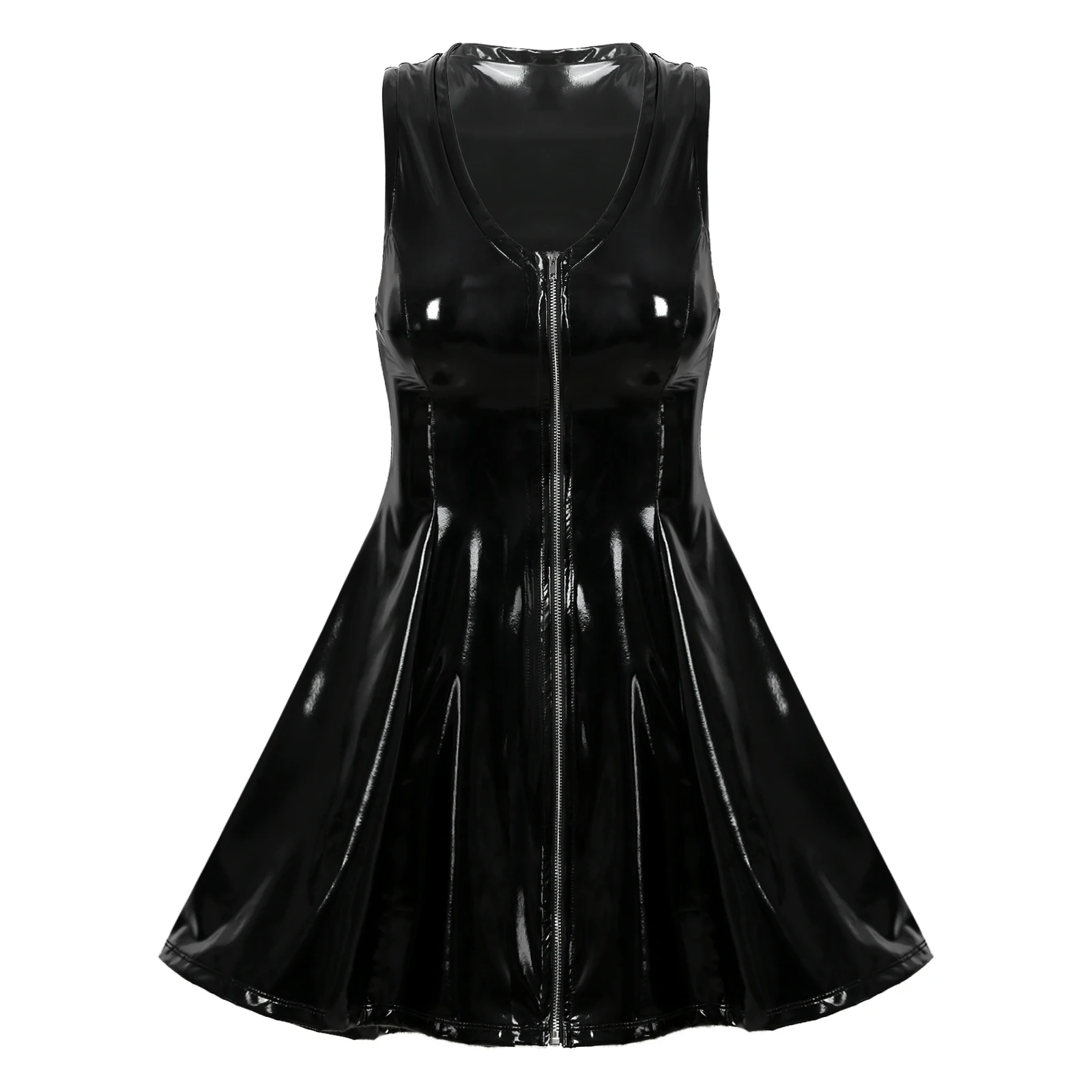 Latex Flared Dresses for Womens Clubwear Wet Look Patent Leather Rave Costume Glossy Sleeveless V Neck Zipper Bodycon Dress