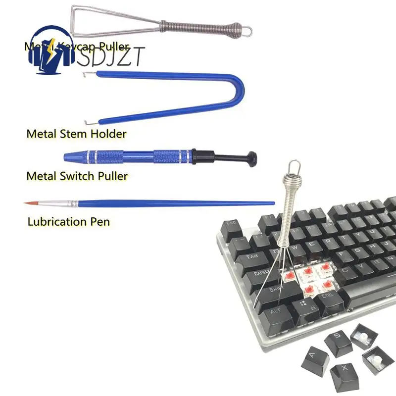 

1Set Keyboard Cleaning Tool Kit Metal Keycap Puller Stem Holder Switch Puller Lubrication Pen Lube Brush W/Storage Bag