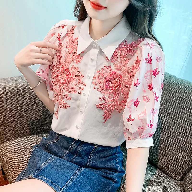 

Шифоновая женская рубашка, Новинка лета 2023, однотонные шифоновые блузки с цветочным рисунком, женская одежда с вышивкой YCMYUNYAN