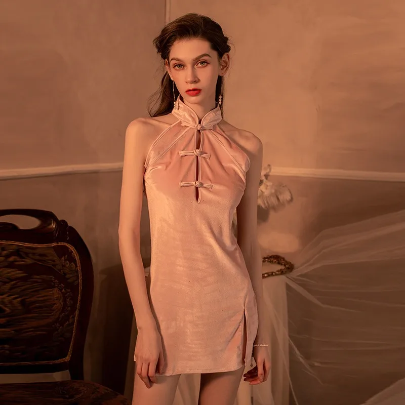 Модный сексуальный комплект униформы с разрезом платье для сна вырезами ретро