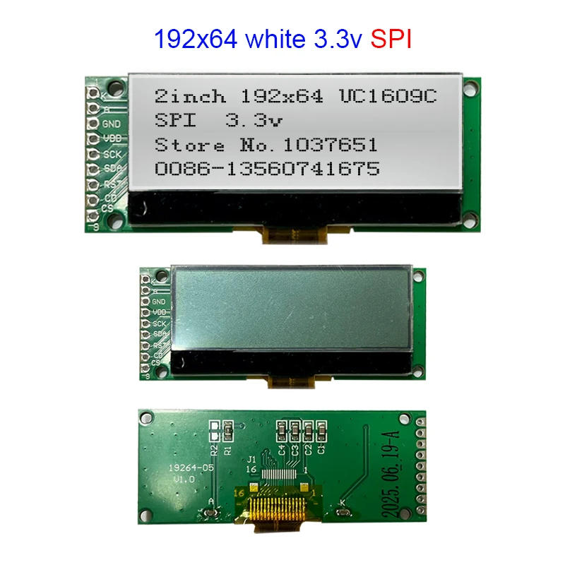 2-дюймовый графический ЖК-дисплей 192x64 19264 COG UC1609C Control SPI 3,3 В мин. Малый размер Синий, черный, белый экран (art.: 3920d13dbe002) - 3920d13dbe002