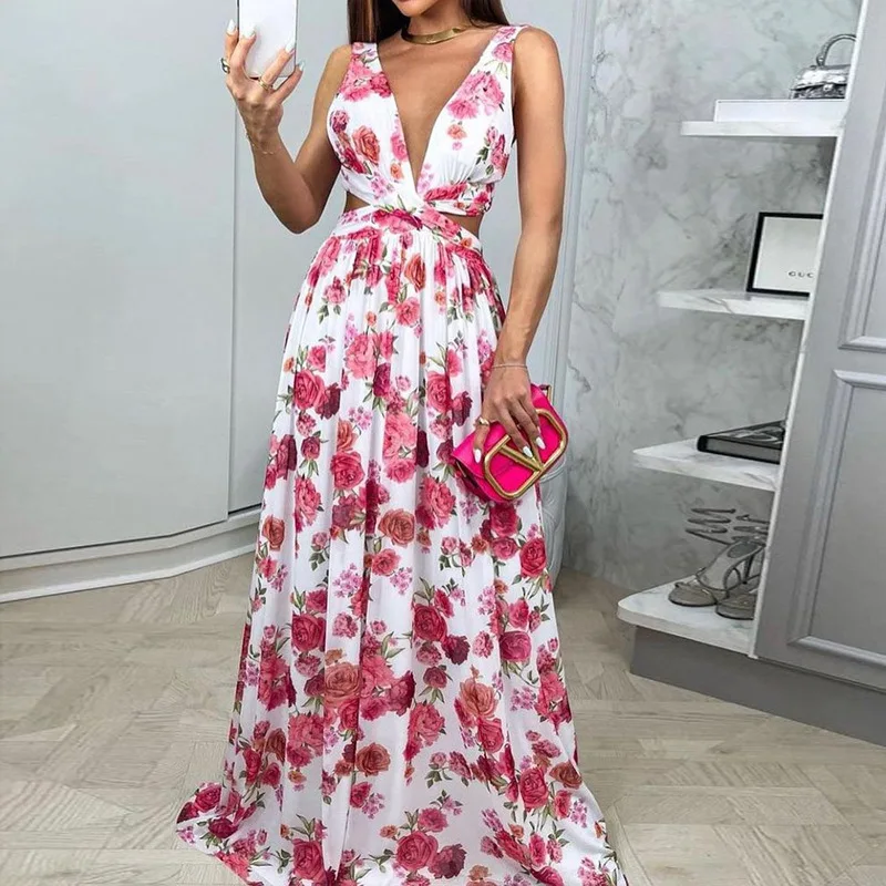 

2023 New Fashion Printing Women's Summer Dress Sleeveless Sexy Deep V-Neck High Waisted Suspender Dress Lady Mid Long Dress