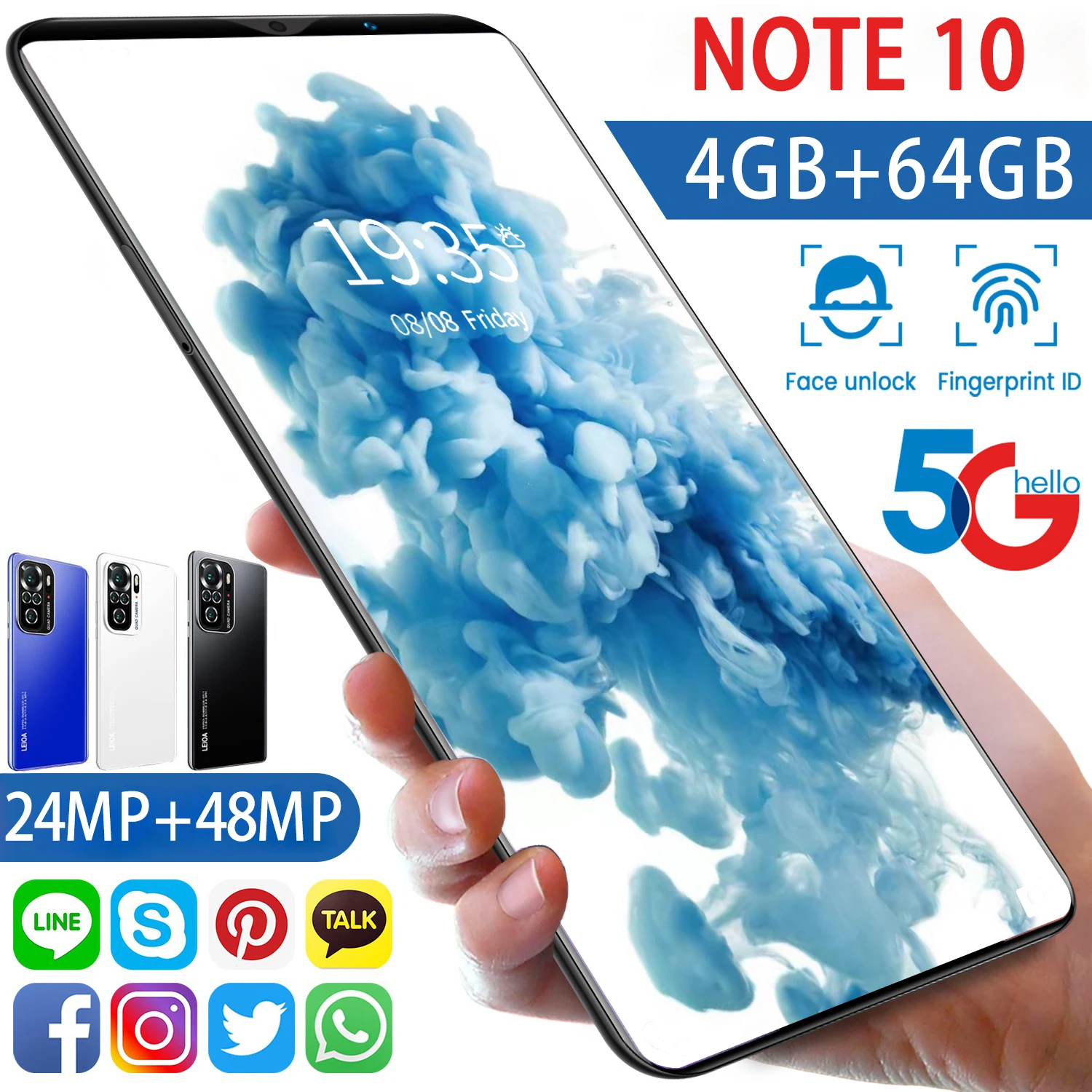 

2022 Note 10 Pro 6.1inch Smartphone 5G 4GB+64GB 4800mAh Telefon 48MP Camera Unlocked Android10.0 MTK6595 Deca Core Mobile Phones