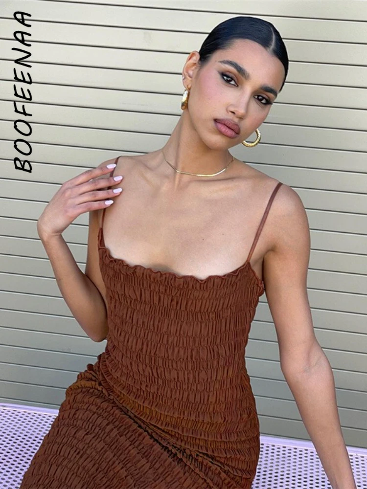 

BOOFEENAA Spaghetti Strap Smocked Bodycon Midi Dress Elegant Sexy Club Wear Party Dresses for Women 2022 Summer Clothes C96-DE19