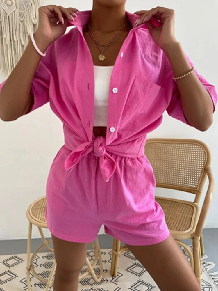 

Lady Streetwewar Outfits Women Elegant Slim Single-breasted Shirts+Elastic Waist Shorts 2PC Lapel Tee Tops+Slim Shorts Outfit