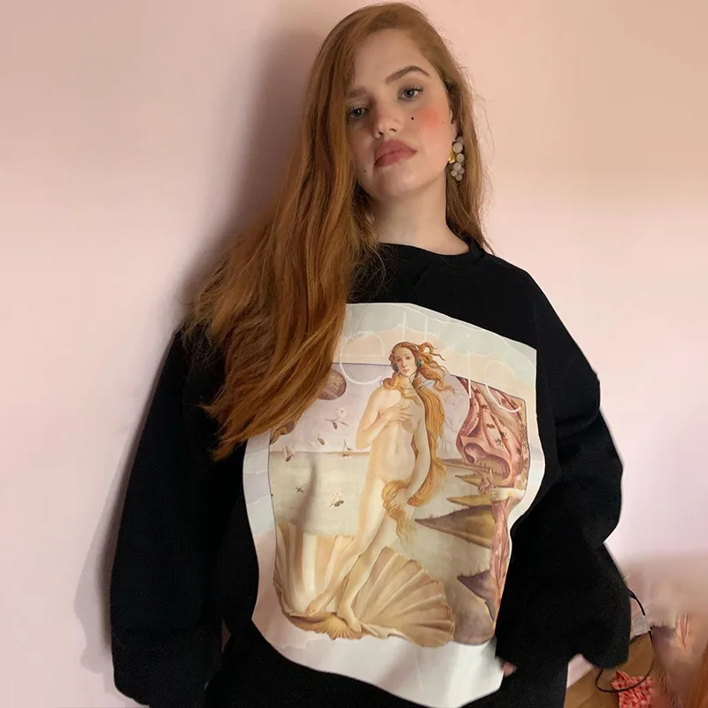

27486P Spring 2022 Womens Fashion New Round Neck Trend Loose Oil Painting Printing Casual Top Women Pullover Sweatshirt
