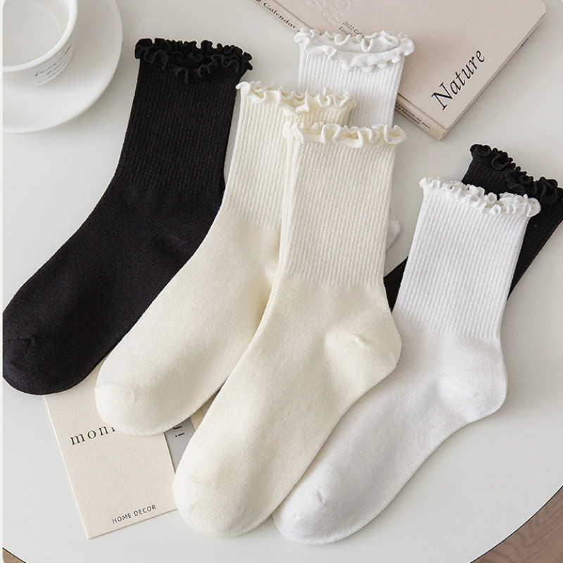 Ruffle Socks for Women 5pair /Lot Mid Crew Middles Tube Ankle High Breathable Black White Calcetines Female Spring Autumn Sock