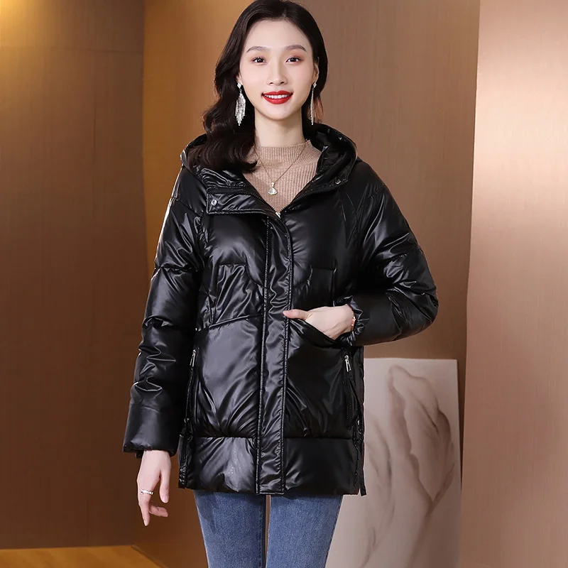 Cotton padded clothes for women in 2022 winter, new Korean cotton padded clothes, medium long, bright, loose, hooded, thickened
