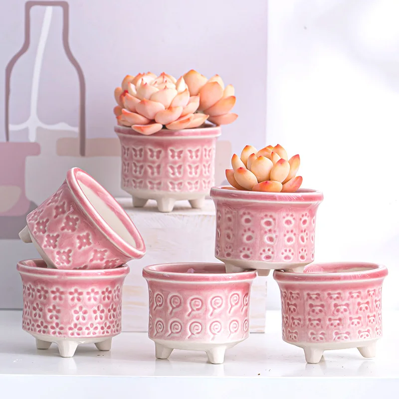 

1PC Cartoon Mini Ceramic Flower Pot Mini Flowerpot Ice Split Glaze Meat Succulents Potted Indoor Decorate Household Accessories