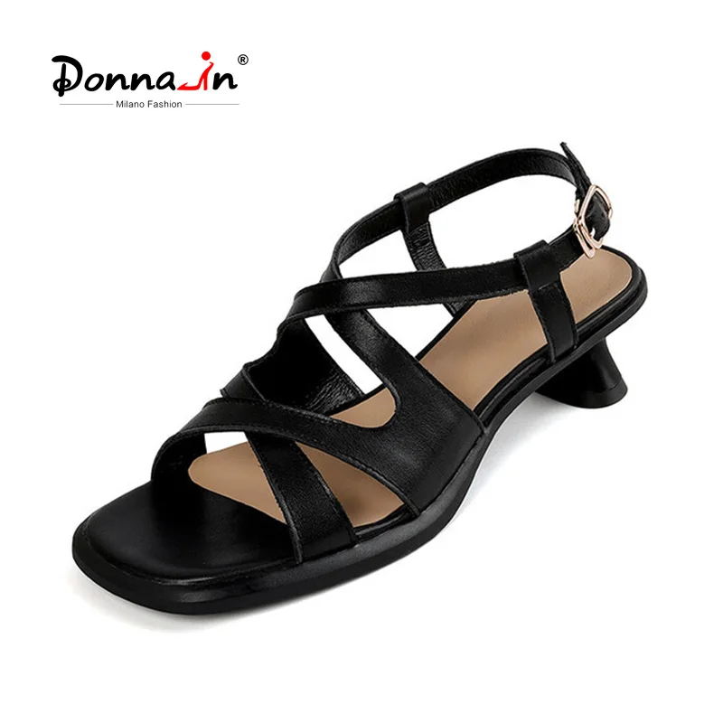 

Donna-in Buckle Cross Strap Women Sandals Cowhide Retro Mid-heel Shoes Roman Genuine Leather Fashion Elegant 2023 Summer New