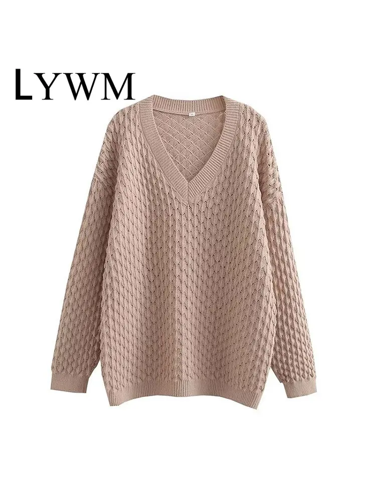 

LYWM Women Fashion Loose Khaki Knitted Pullover Sweater Vintage V-Neck Long Sleeves Female Chic Lady Tops