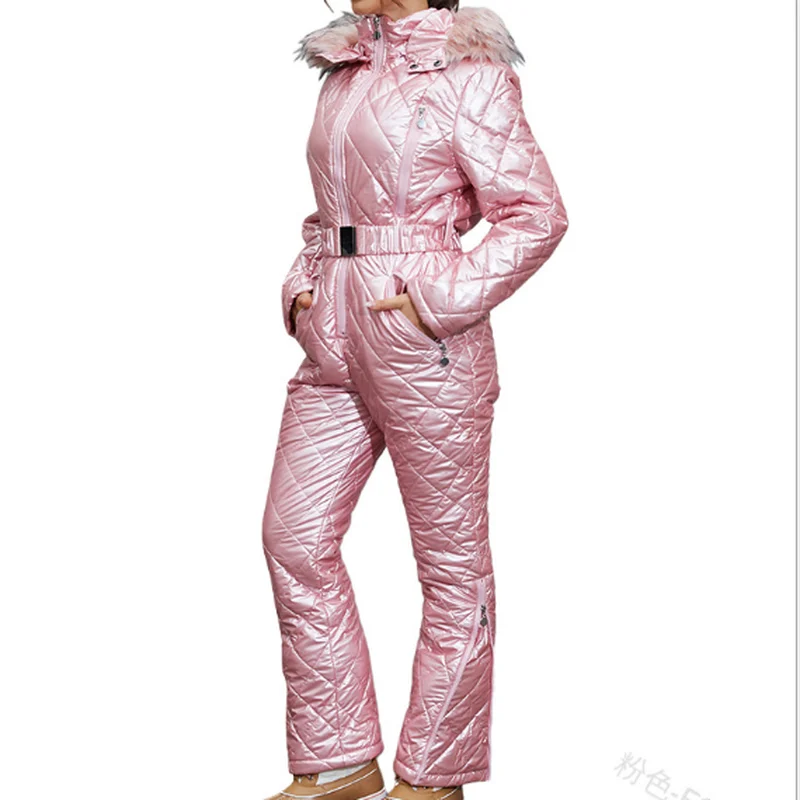 Women Onesie Skiing Jackets Parka One Piece Ski Suit Winter Outerwear Fur Collar Trim Hooded Snowsuit Long Sleeve Ski Jumpsuit