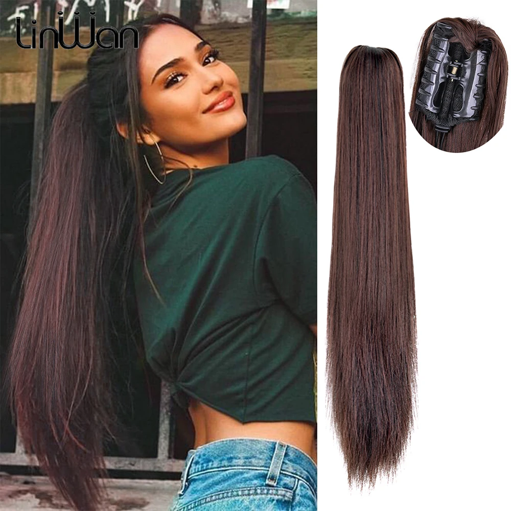 Синтетические прямые накладные волосы с зажимом для конского хвоста женщин