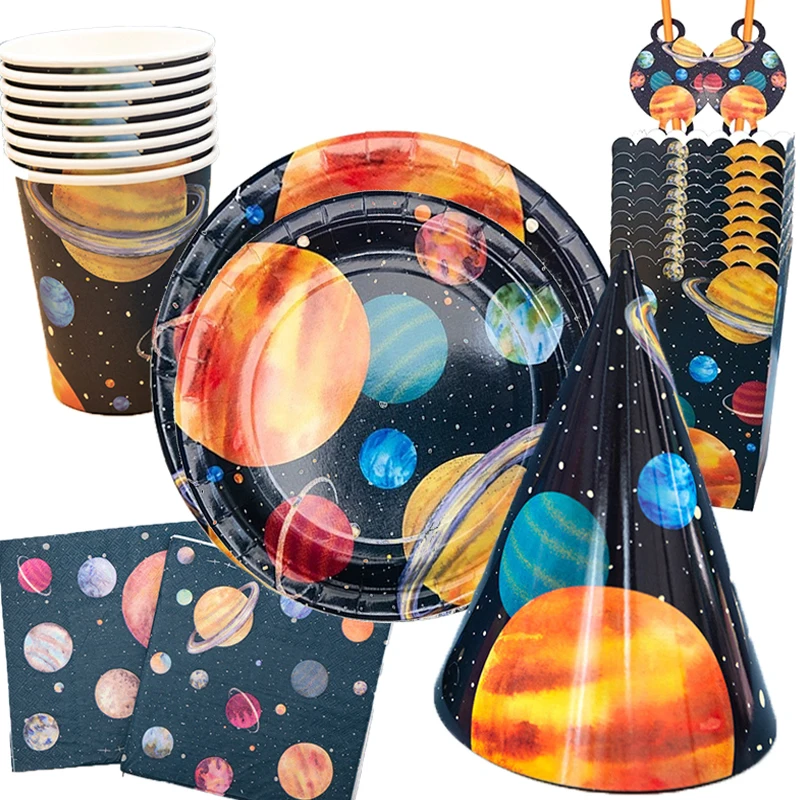 

81Pcs/set Planet Space Themed Disposable Tableware Set Plates Straw Paper Cup Pennant for Birthday Party Decorations Baby Shower