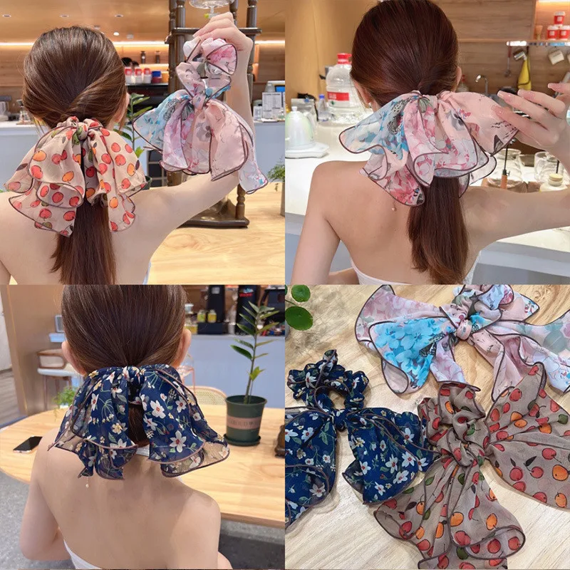 

Floral mesh yarn large intestine hair ring printed hair rope female ponytail hair rubber band bow headdress streamer head rope