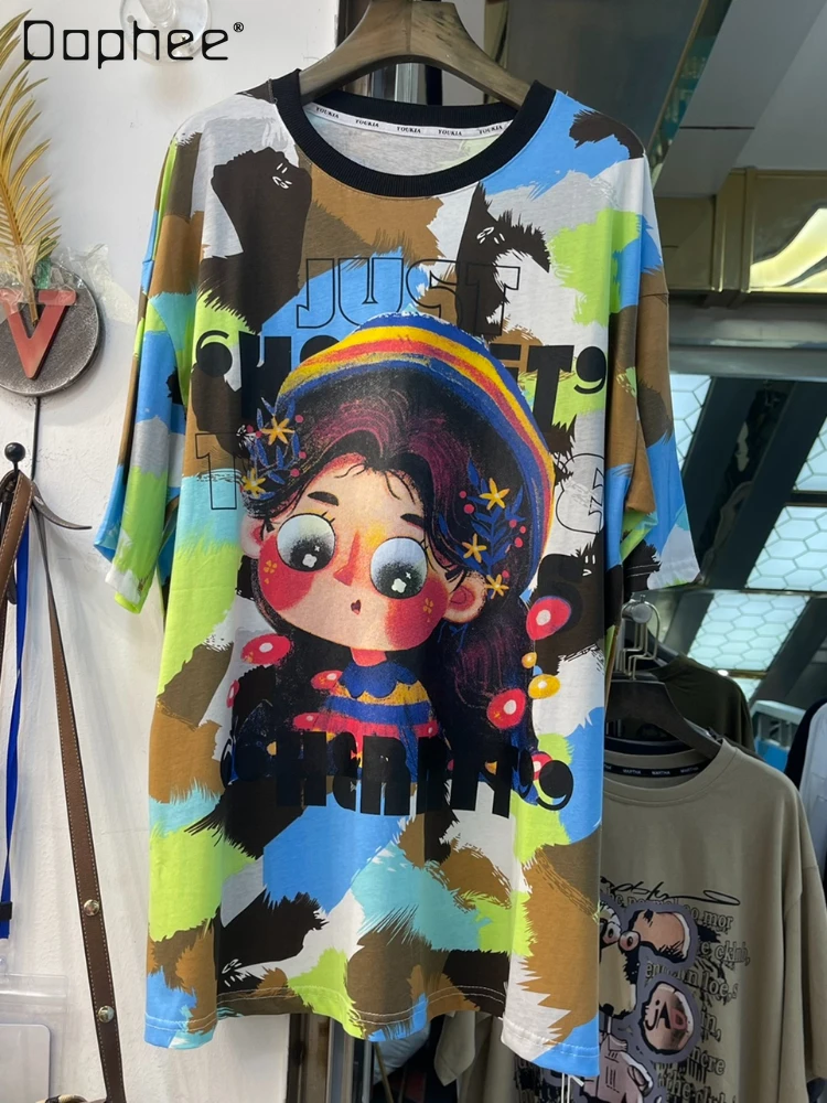 

Fashion Color Contrast Short-Sleeved T-shirt Female 2023 Summer New Cartoon Letter Print Round Neck Tops Women Clothing