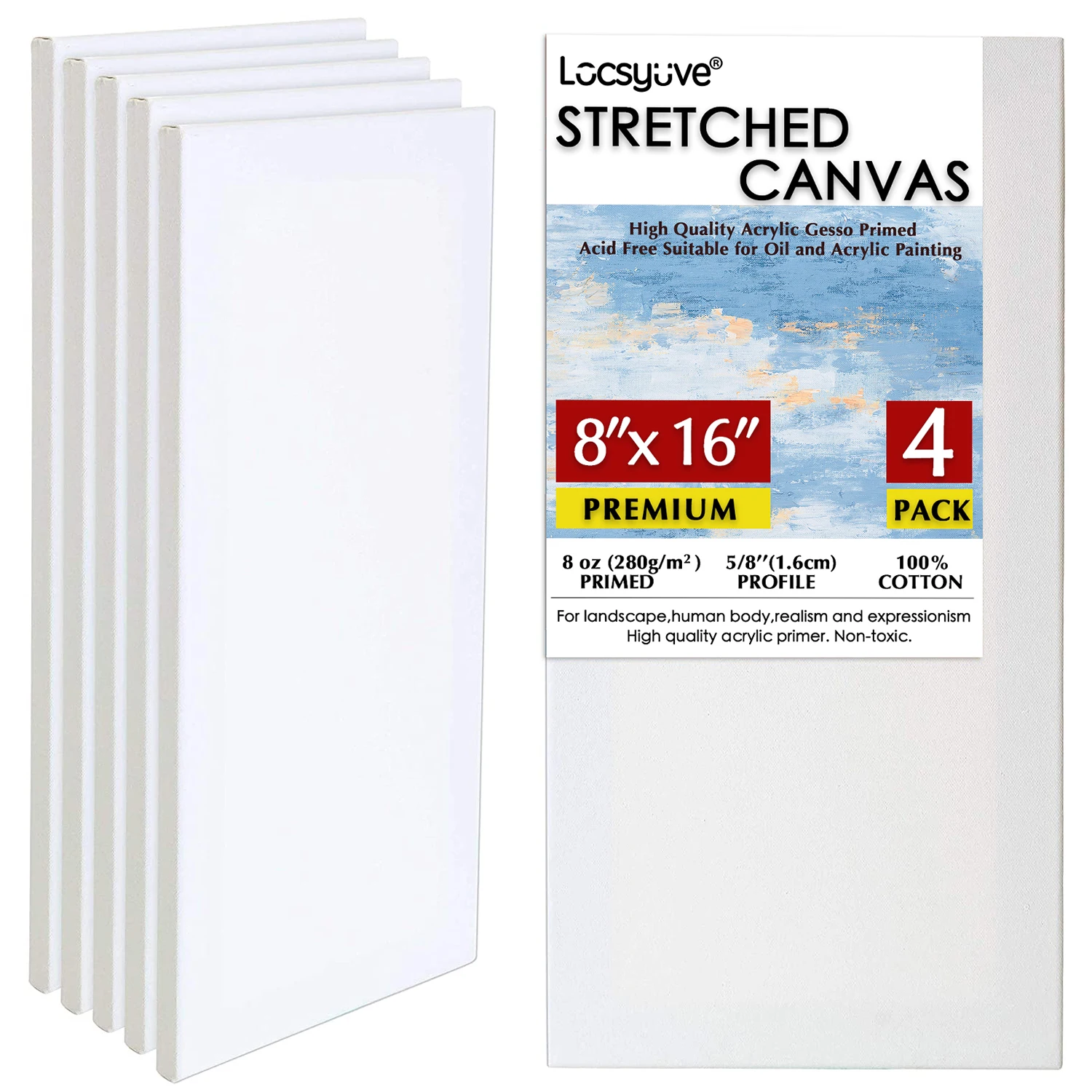 

Locsyuve Art Supply 9 x 12 inch Stretched Canvas 8-Ounce Primed, 4-Pack - Professional White Blank 5/8" Profile Acid Free