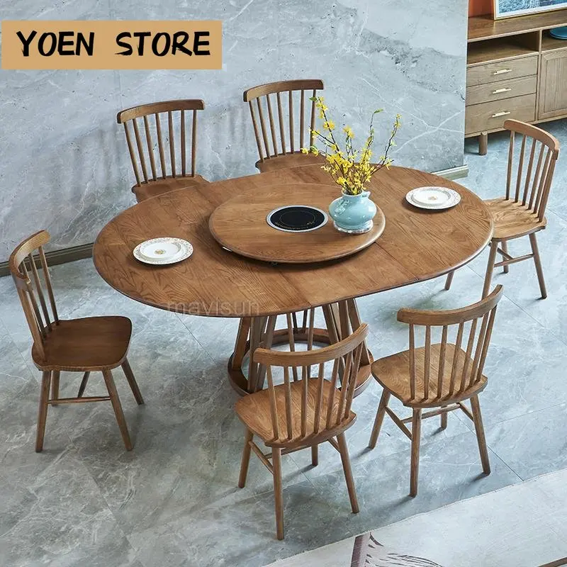 

Classical Solid Wood Kitchen Table Sets 6 Chairs Extendable Round Dining Tables With Turntable For Dinner Minimalist Furniture