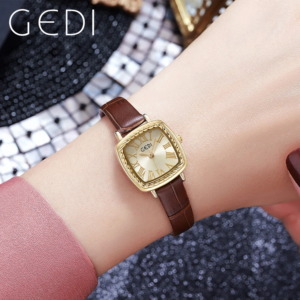 GEDI Retro Small Watch for Women Luxury Brand Leather Strap Roman Dial Waterproof Ultra-thin Ladies Watches Vintage Female Clock