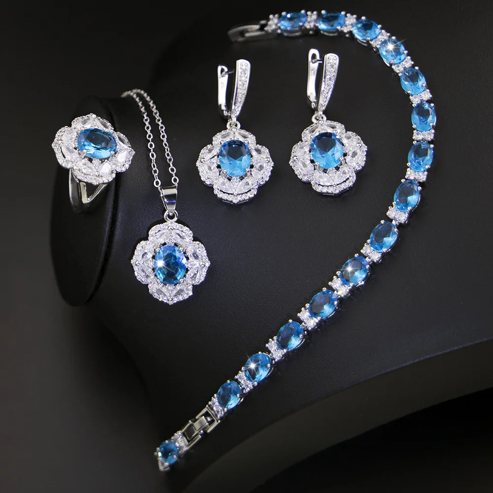 

ROLILASON For women Flower Design golden tone blue Zircon Earrings Pendant Necklace Rings Bracelet Jewelry Engagenment JS903