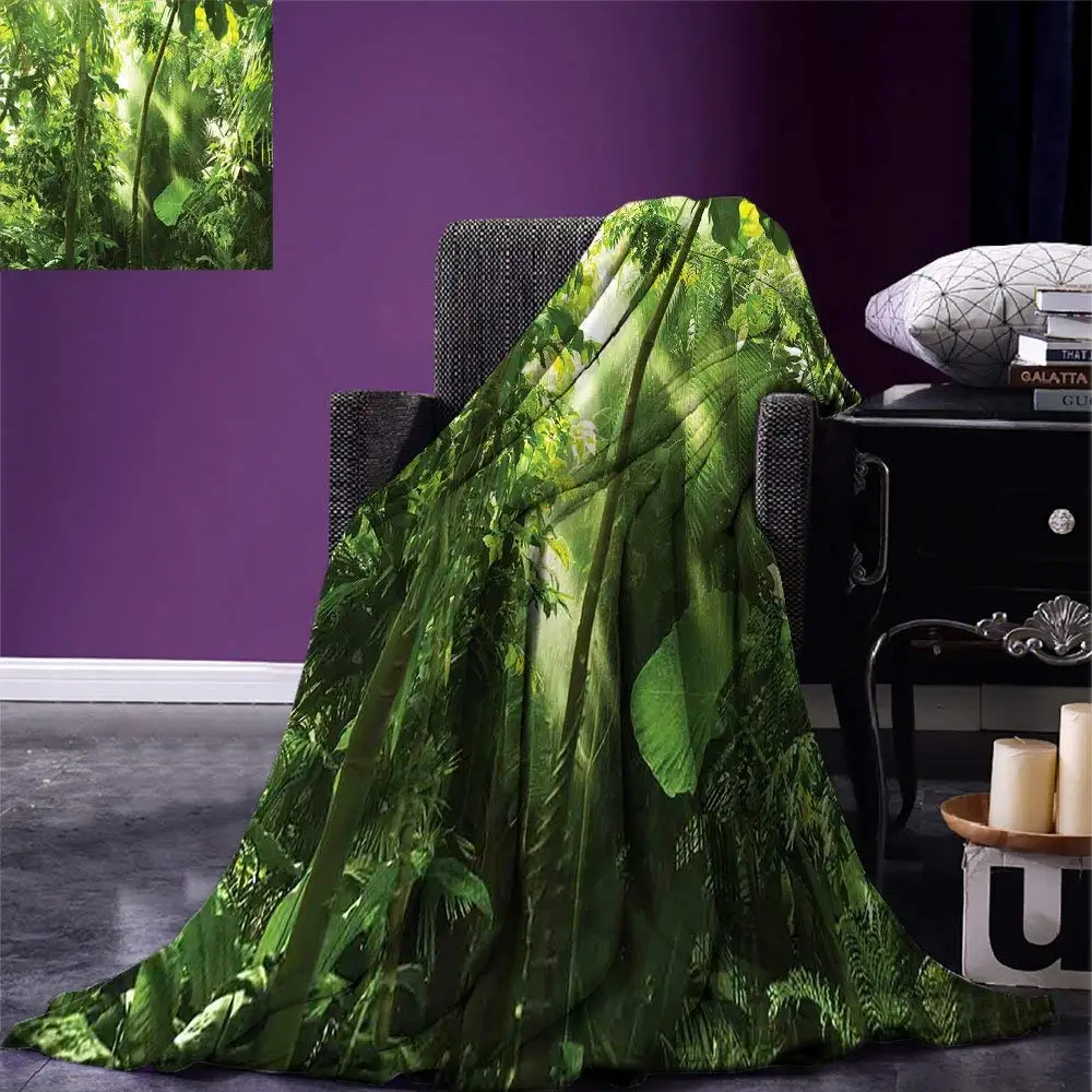 

Forest Throw Blanket Summer Tropical Monsoon Jungle With Bamboos Types of Plants and Leaves Home Blanket