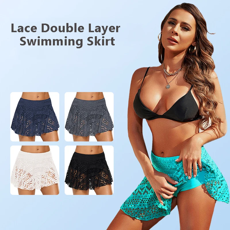 

Fashion Double Layer Swimming Dress High Waist Anti Exposure Triangular Swim Briefs New Crochet Lace Beach Skirt