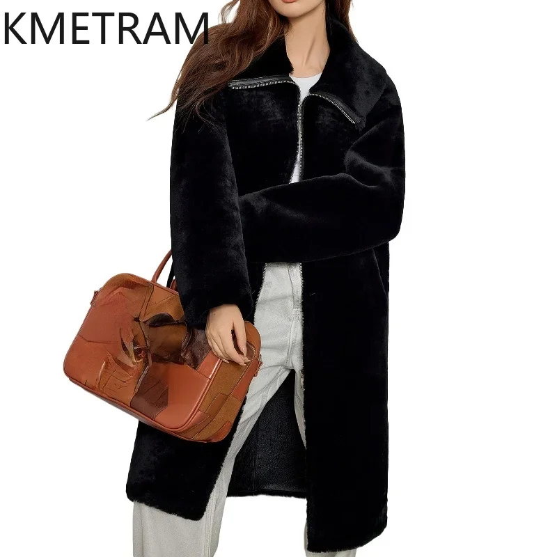 Шуба из натуральной мериносовой шерсти женская длинная черная куртка