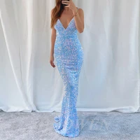haowen sparkling sequin blue mermaid prom dresses long spaghetti straps v neck sexy backless formal evening party gown