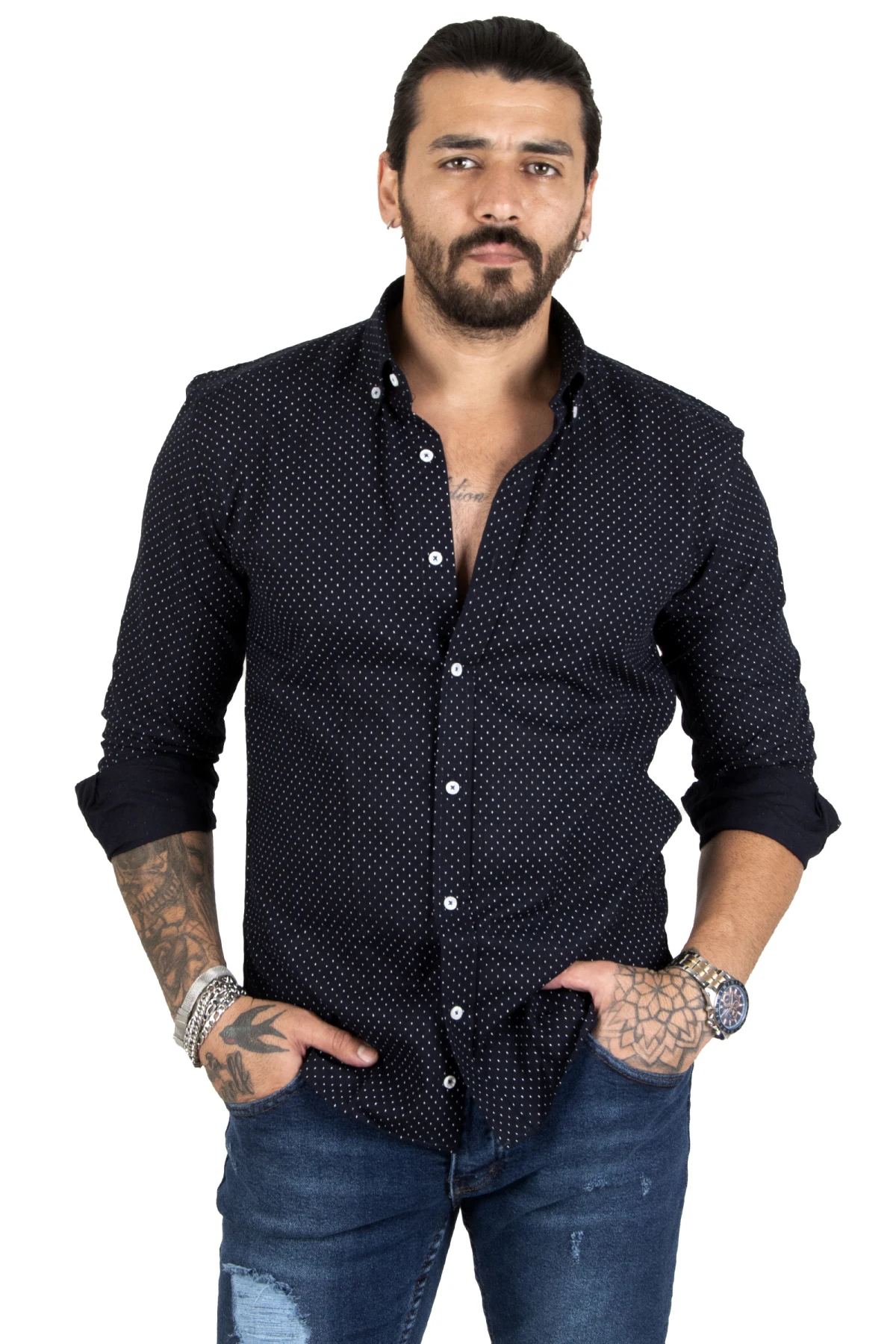 DeepSEA narrow cut lycra patterned long sleeve linen men shirt 2209625