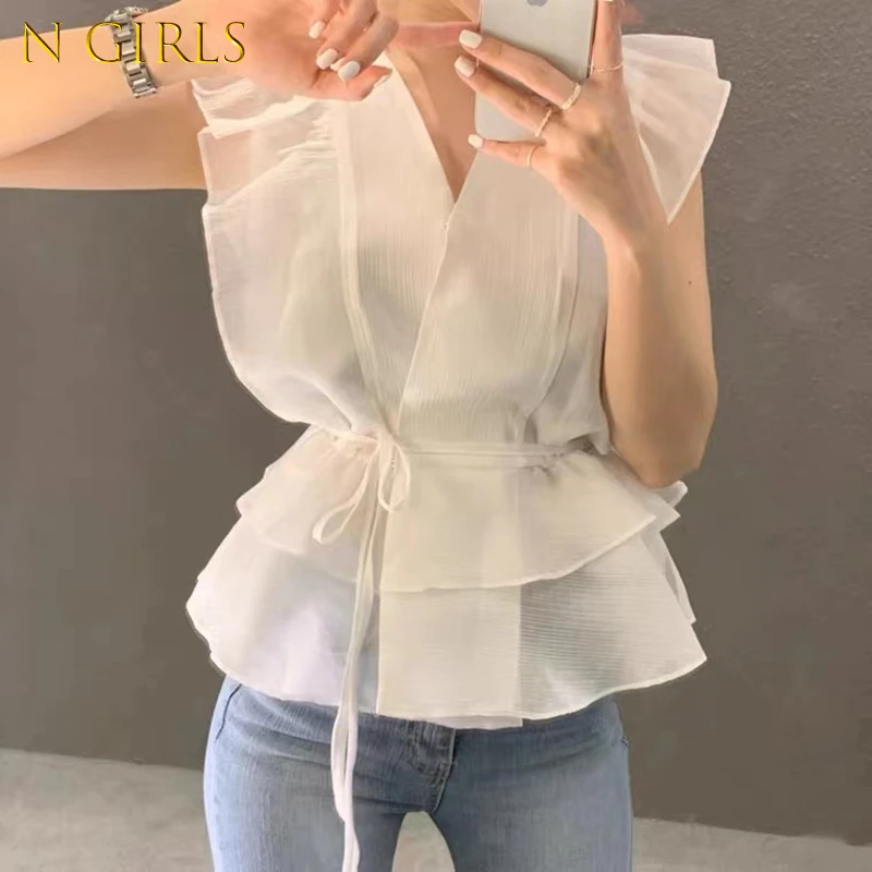 

2022 Summer New Fashion Chiffon Flounces Gentle Women Sleeveless Shirt Korean Sexy V-neck Office Casual High-End Chic Short Top