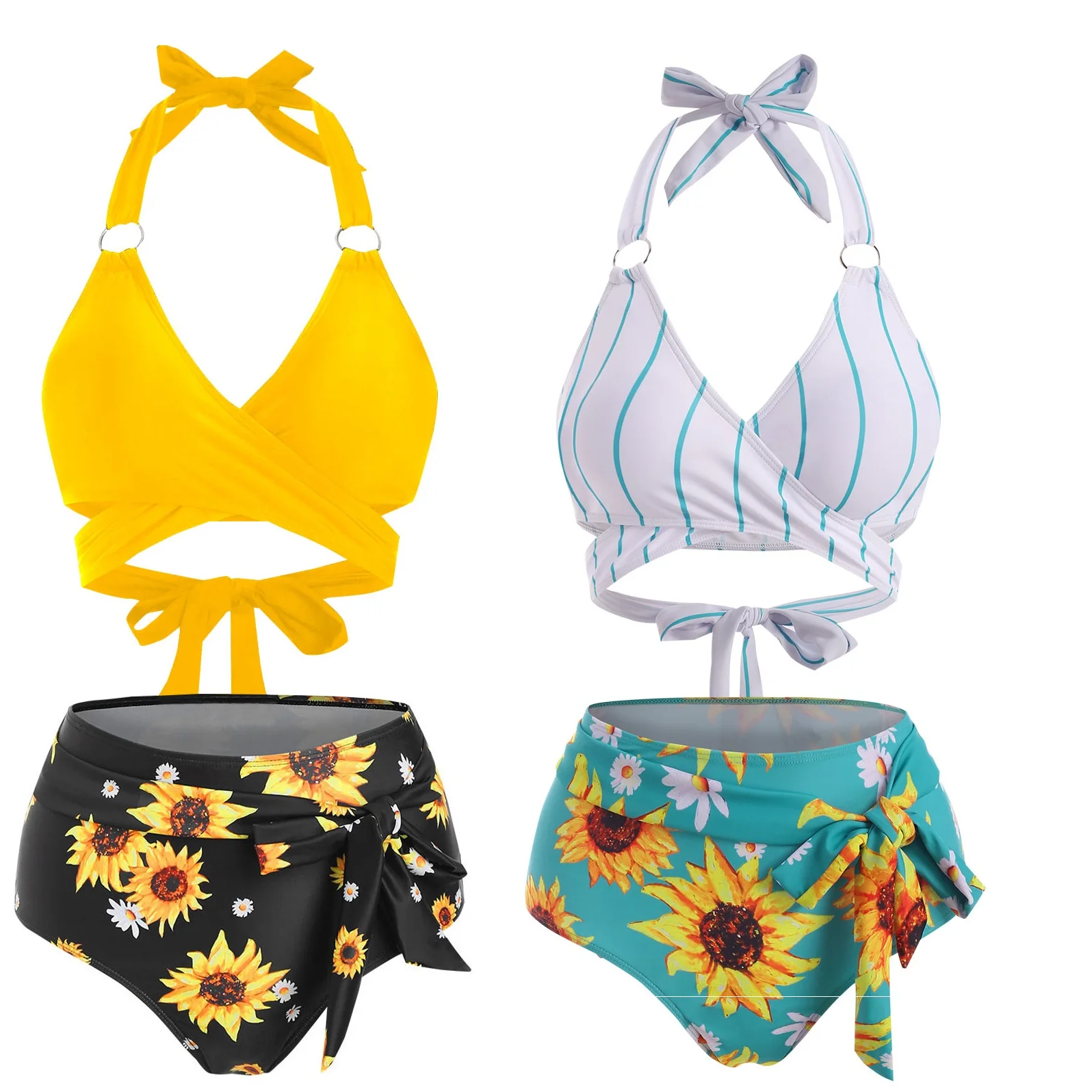 

Sexy Ruffled Bikini Set Swimsuit Women Push Up Halter Swimwear Sunflower Print Two Piece Cute Beach Bathing Suit Skirt Biquinis