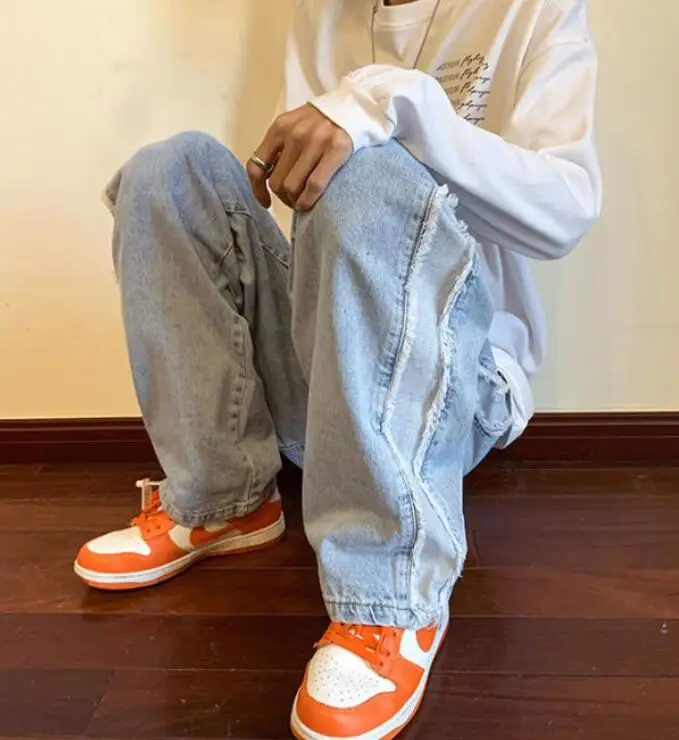 Men Jeans European American High Street Raw Edge Loose Jeans Men's Hip Hop Straight Wide Leg Casual Trousers