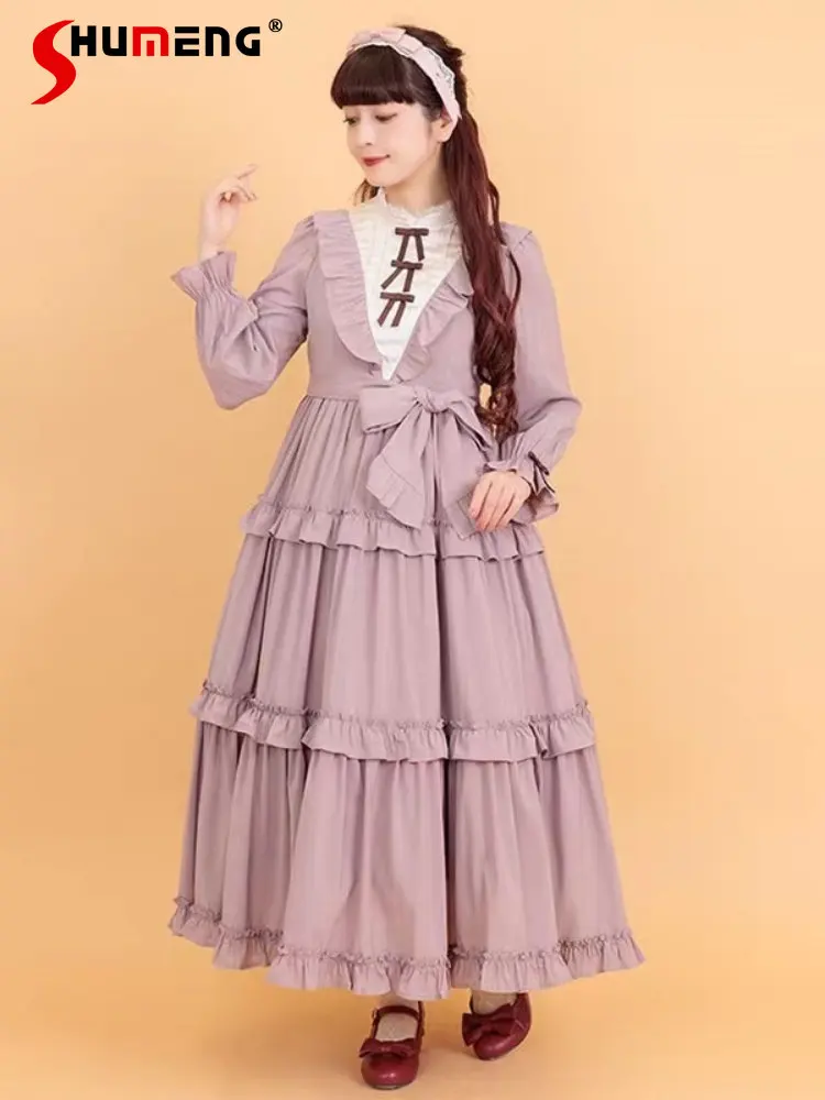 2023 Spring New Lolita Ladies Long Sleeve Ruffled Dress Japanese Style Sweet Ruffles Bow Pleated A-line Long Dresses for Women