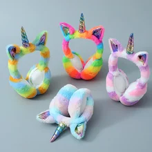 넥타이 염료 유니콘 소프트 귀마개, 겨울 모피 헤드폰, 따뜻한 어린이 다채로운 봉제 귀마개, 사랑스러운 헤드웨어, 어린이 귀 커버