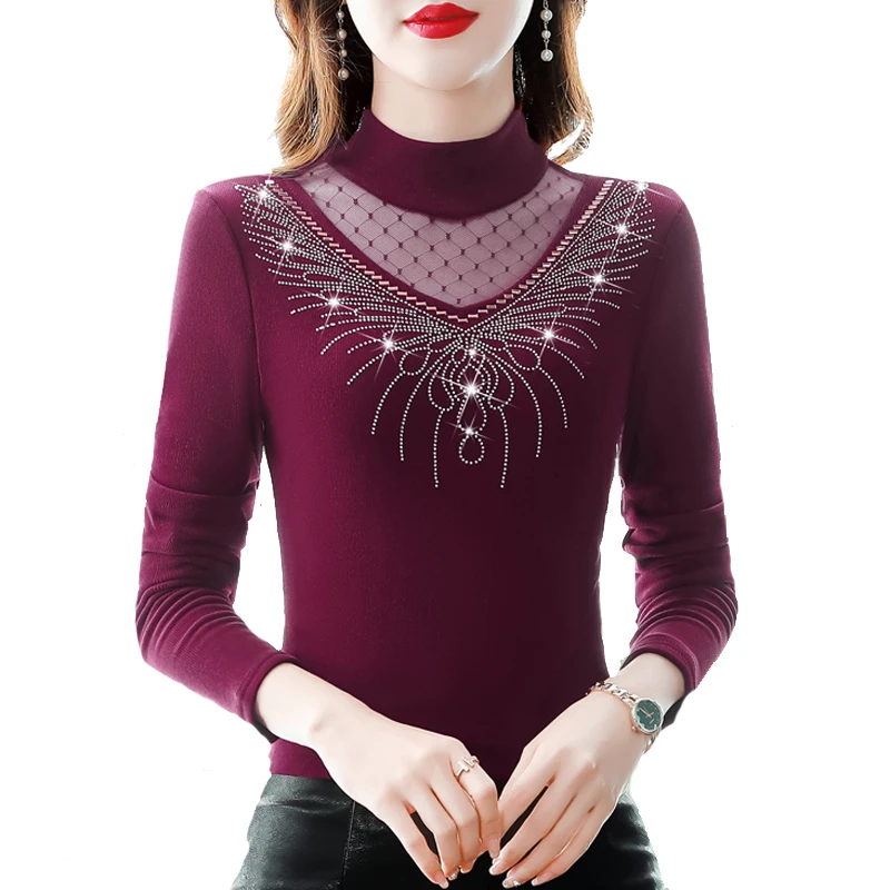 

M-4XL Autumn Winter Long sleeve Women tops Slim Patchwork Lace Shirt Korean Fashion Diamond T shirt