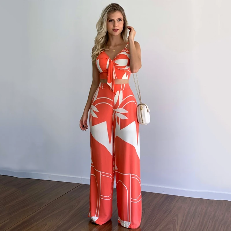 

Ardm Sexy Backless V Neck Floral Print Slim Summer Strap Two Piece Sets Womens Outifits High Waist Crop Top Wide Leg Pants Set