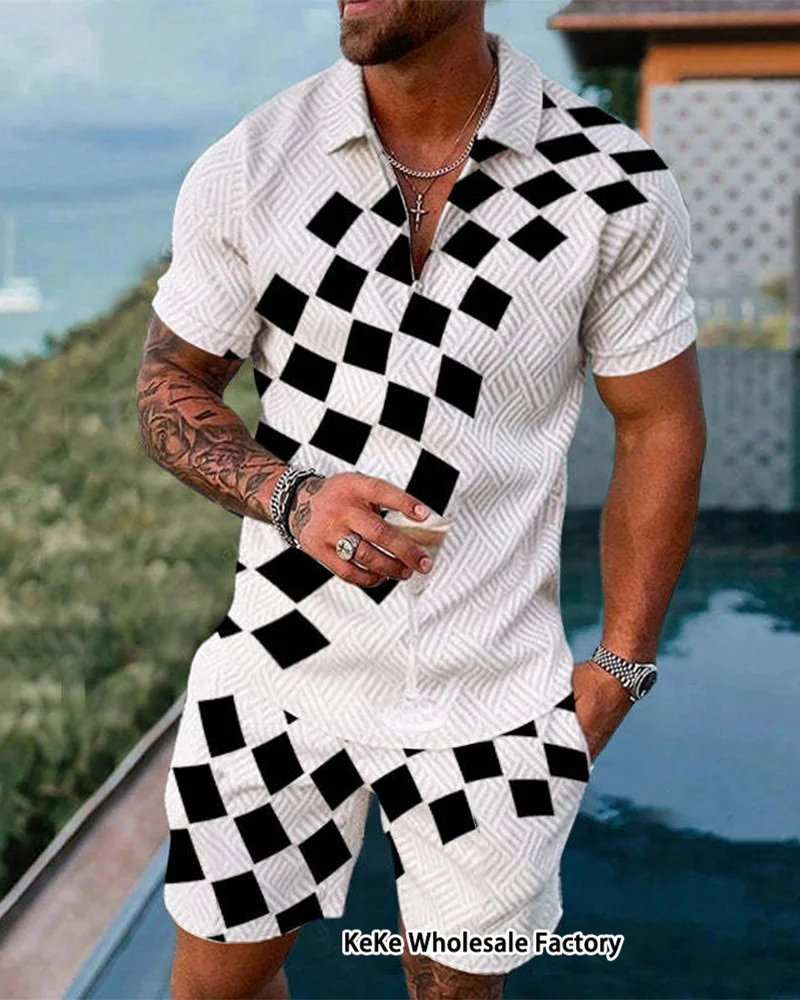 Men's Zipper Polo Shirt+Shorts 2Piece Set Vintage T Shirt Lapel Tees New Short Sleeve Outfits Man Clothes Tops Pants Suit