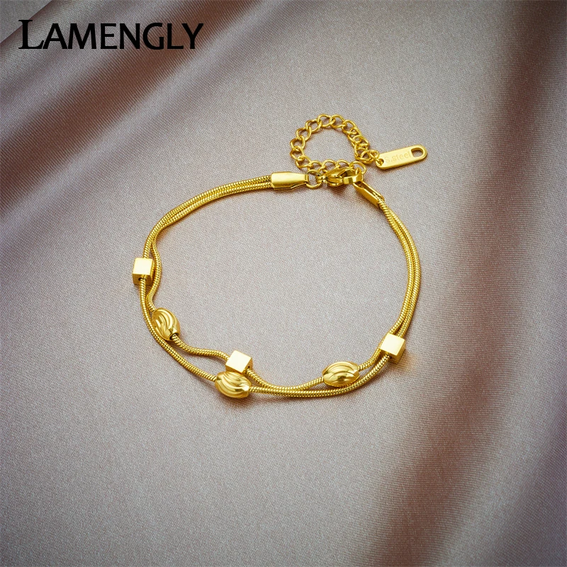 

LAMENGLY 316L Stainless Steel Gold Color Cube Beads Charm Bracelet For Women Girl New Trend 2in1 Chain Bangles Jewelry Gifts