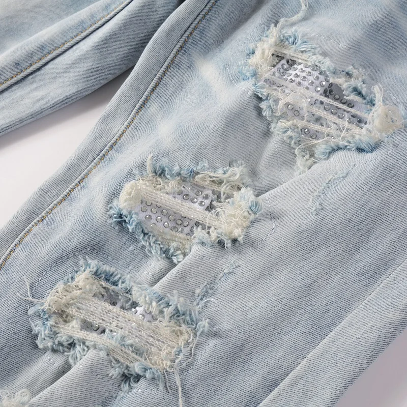Streetwear Fashion Men Jeans Retro Light Blue Stretch Slim Fit Hole Ripped Jeans Men Patched Designer Hip Hop Brand Pants Hombre