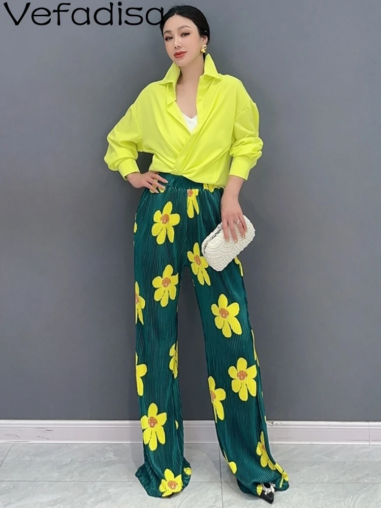 

Vefadisa 2023 Summer Women Solid Color Yellow Shirt Top Casual Flower Long Two Piece Set Personalized Trendy Girl Sets ZY1657