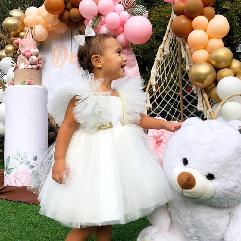 

Baby Girls Dresses Ruffle Sleeve Bow Wedding Gown Infant Party Tulle Tutu Princess Newborn Birthday Toddler Girl Baptism Dress