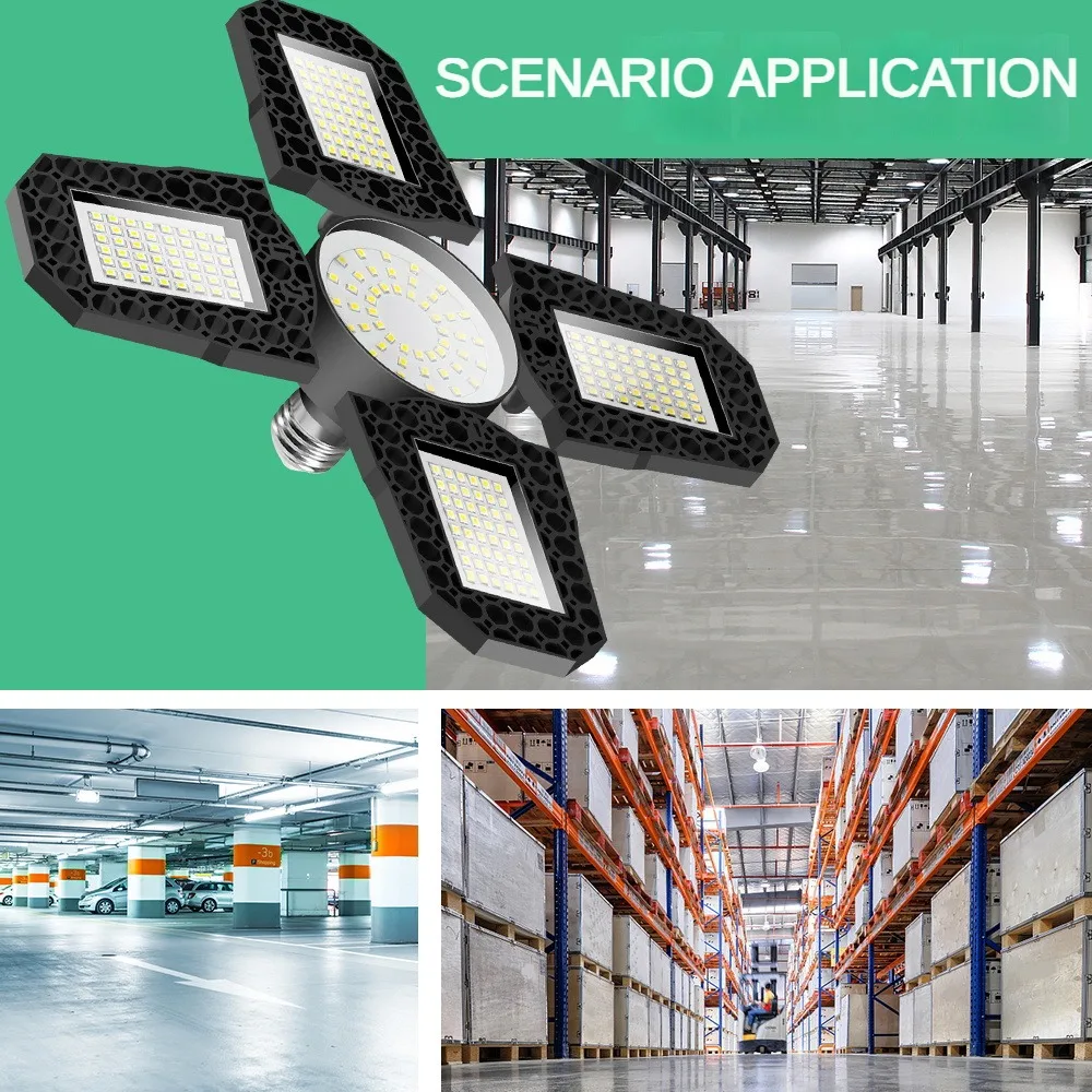 

240 LEDs 4 Panel Deformable LED Garage Light,industrial Lighting Led Ceiling Garage Lamp E26/E27 6500K Warehouse Shop Light
