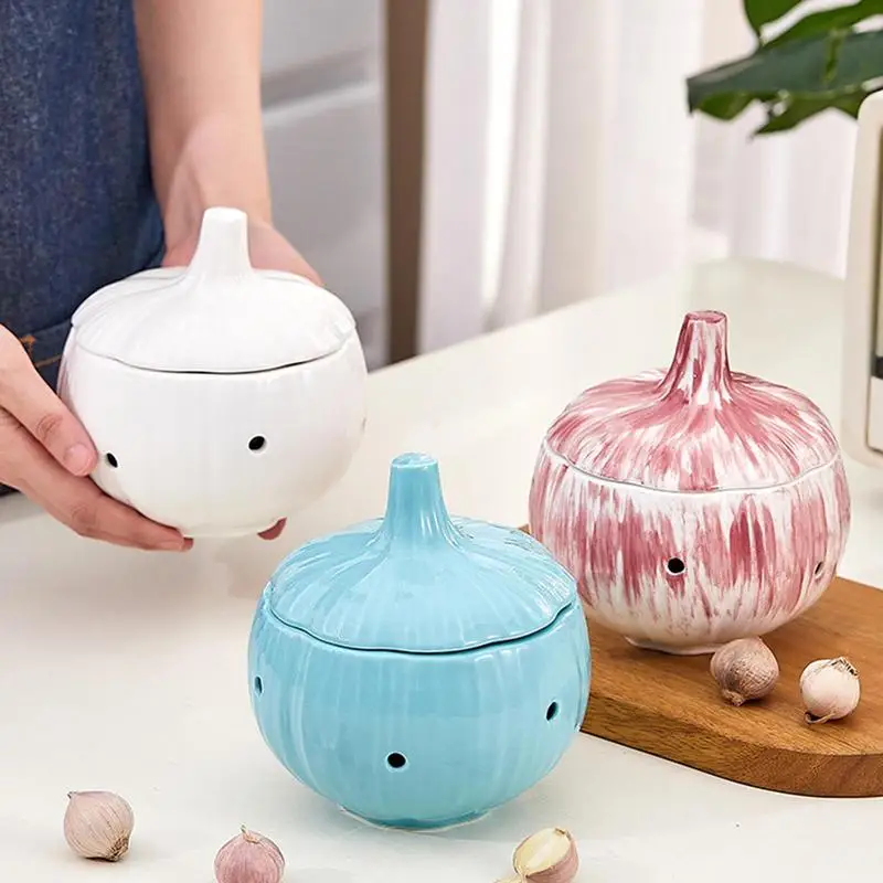

Garlic Storage Container Ceramic Garlic Holder Vent Design Dried Chilli Container Saver With Lid For Home Countertop