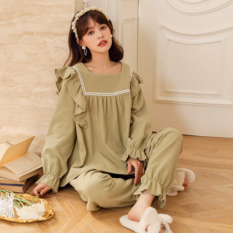 Women's Pajamas Spring Autumn Waffle Long Sleeves Sleepwear Set 2023 New Ruffled Sweet Housewear Clothes Pyjamas Female